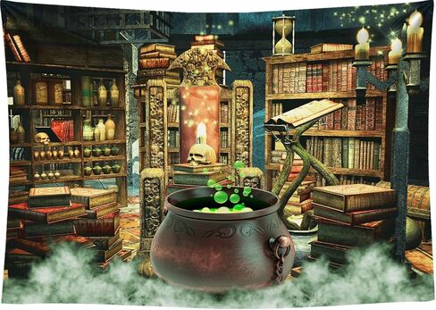 7x5Ft Halloween Backdrop Witch Room Background Photography Bookshelf Cauldron Boiling Smoke Baby Shower Banner Halloween Party Decorations Photoshoot Backdrops in Kuwait