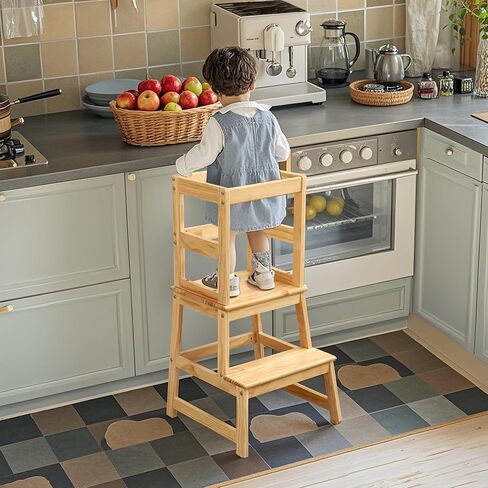 Kids Kitchen Step Stool Toddler Standing Tower Helper for Kitchen Counter and Bathroom Sink Wooden Kids Montessori Learning Standing Stool with Safety Rail Natural Wood in Saudi Arabia
