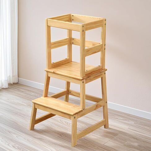 Kids Kitchen Step Stool Toddler Standing Tower Helper for Kitchen Counter and Bathroom Sink Wooden Kids Montessori Learning Standing Stool with Safety Rail Natural Wood in Saudi Arabia