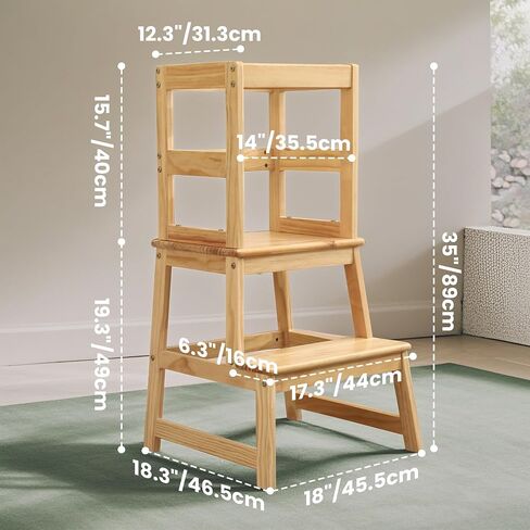 Kids Kitchen Step Stool Toddler Standing Tower Helper for Kitchen Counter and Bathroom Sink Wooden Kids Montessori Learning Standing Stool with Safety Rail Natural Wood in Saudi Arabia