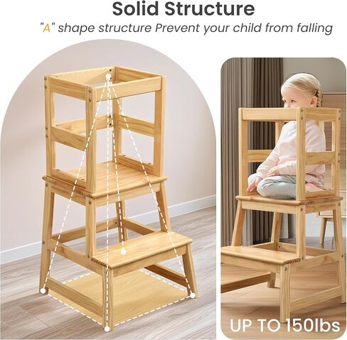 Kids Kitchen Step Stool Toddler Standing Tower Helper for Kitchen Counter and Bathroom Sink Wooden Kids Montessori Learning Standing Stool with Safety Rail Natural Wood in Saudi Arabia