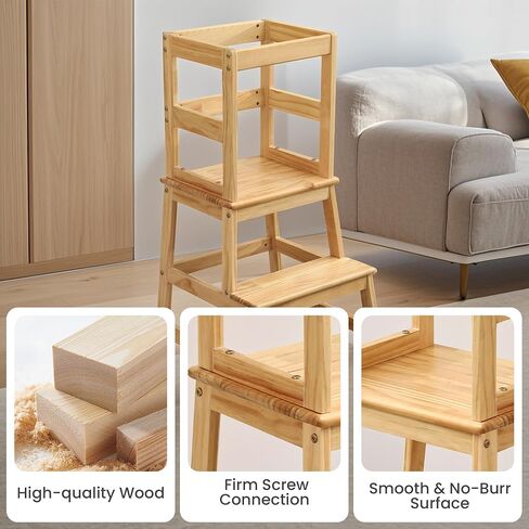 Kids Kitchen Step Stool Toddler Standing Tower Helper for Kitchen Counter and Bathroom Sink Wooden Kids Montessori Learning Standing Stool with Safety Rail Natural Wood in Saudi Arabia