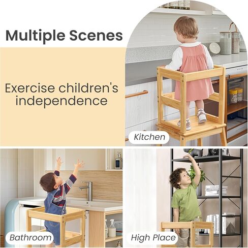 Kids Kitchen Step Stool Toddler Standing Tower Helper for Kitchen Counter and Bathroom Sink Wooden Kids Montessori Learning Standing Stool with Safety Rail Natural Wood in Saudi Arabia