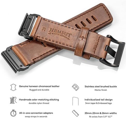 سوار ساعة من الجلد الناعم من Horween متوافق مع Garmin، حزام لـ Fenix/Forerunner/Approach/MARQ/Quatix / D2 Series/Instinct/Epix/Tactix/Foretrex in Kuwait