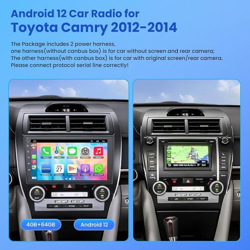 ستيريو راديو السيارة 4G+64G لسيارة Toyota Camry 2012 2013 2014، Carplay اللاسلكي وAndroid Auto مع Android 12 يدعم بلوتوث/GPS/WiFi/كاميرا احتياطية/SWC/FM، شاشة لمس IPS 10.2 بوصة لكامري in Kuwait