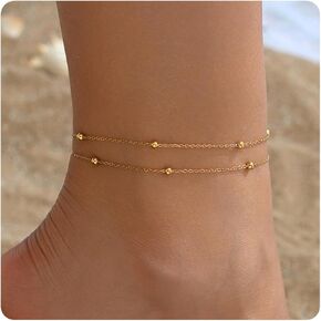 18K Gold Plated Boho Beaded Anklets for Women Dainty Gold Layered Ankle Bracelet for Women Cross Anklet Bracelet Waterproof Gold Jewelry Gift