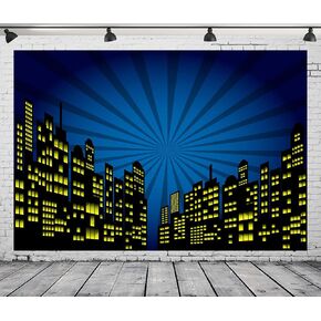 CORFOTO 7x5FT Cartoon Super City Backdrop for Super City Themed Party Supplies City Background Birthday Banner Urban Night View Boom City Buildings Backdrops Super City Boys Portraits Photo Props