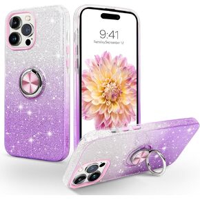 iPhone 16 pro Case, iPhone 16 Pro Phone Case,Magnetic Car Mount Supported Slim Glitter Sparkle with 360° Ring Holder Kickstand Shockproof Protective Cover for iPhone 16 Pro 6.3",Gradient Pink