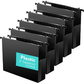 Ansook Extra Capacity Plastic Hanging File Folders Letter Size, 12 Pack Poly Bottom Reinforced Hang Folders, Heavy Duty 2 Inch Pocket Hanging Folder, Side Seal Hanging Folders,Black
