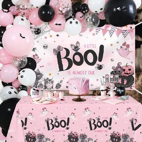 MEHOFOND 121pcs Halloween Baby Shower Decorations for Girls, Little Boo Banner with 3D Bat Stickers, Pink and Black Balloon Garland Arch Kit, A Little Boo is Almost Due Baby Shower Party Supplies