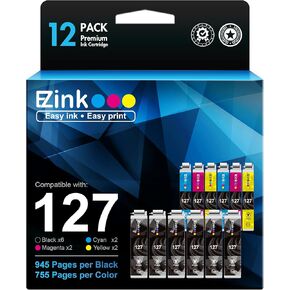 E-Z Ink Remanufactured Ink Cartridge Replacement for Epson 127 T127 to use with NX530 625 WF-3520 WF-3530 WF-3540 WF-7010 WF-7510 7520 545 645 (6 Large Black, 2 Cyan, 2 Magenta, 2 Yellow) 12Pack