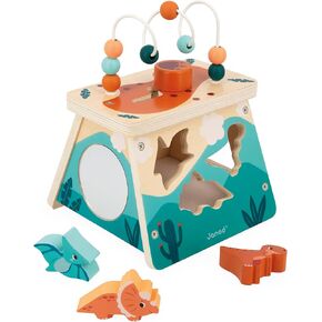 Janod Dino - Dinosaur Shape Sorter Wood Multi-Activity Volcano - 5 Activities in One - Ages 12 Months- 3 Years - J05827