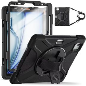 TSQQST for iPad Air 11 Inch Case M2 2024 6th Generation w/Screen Protector, iPad Air 5th/4th Gen Case 10.9", iPad Pro 11" Old Model, Full Body Protection Case w/Pencil Holder+Stand+Strap, Black