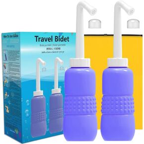 KKPOT Portable Travel Bidet Bottle 2 Pack - 450ml Peri Bottle for Postpartum Care,Handheld Portable Camping Bidet Bottle with Travel Bag for Women ,Men,Baby,Personal Hygiene (Blue+Pink)