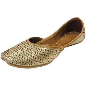 Ladies Golden Swarovski Punjabi Jutti Ethnic Mojari Handmade Rajasthani Jooti