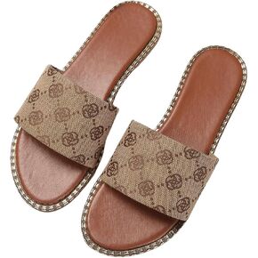 SweatyRocks Women's Graphic Pattern Open Toe Flat Sandals PU Leather Single Band Summer Slides