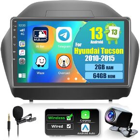 لسيارة Hyundai Tucson IX35 2010-2015 【2+64G】 ستيريو سيارة Fuluku Android 13 مع رابط مرآة تلقائي Carplay Android، شاشة لمس 10.1 بوصة، راديو WiFi/GPS/FM/RDS/Bluetooth/SWC/كاميرا احتياطية مقاومة للماء/ميكروفون