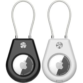 AirTag Secure Holder with Wire Cable, 2 Pack Air Tag Keychain Holders for Key Ring, Keys, Luggage, Backpack, Sturdy Protection Airtag Key Chain Lock Case – Black/White