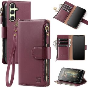 for Samsung Galaxy Galaxy A54 5G Wallet Case with Card Holder,Women Men RFID Blocking PU Leather Flip Cover Wrist Strap Zipper Credit Card Slots,Phone Case for Galaxy A54 5G,Wine Red