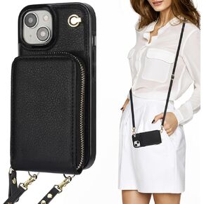 KIHUWEY Crossbody Wallet Case for iPhone 15, Zipper Pocket Case with Card Holder, PU Leather RFID Blocking Protective Cover Case with Kickstand Detachable Wrist Strap Lanyard 6.1" (Black)