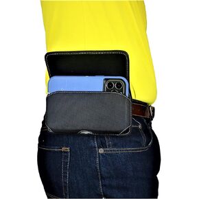 Nylon Cell Phone Pouch for iPhone 15 Pro Max /14 13 12 11 Pro Max/ 15 14 Plus Holster with Belt Loop, Rugged, Magnetic Closure, Compatible (Otterbox Commuter) Case On (Black- Sideways)