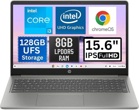 HP Chromebook Plus Laptop 15.6 Inch Intel Core i3-N305 8GB LPDDR5 RAM 128GB UFS UHD Graphics ChromeOS Wifi Bluetooth USB-C 1080p Webcam MicroSD Reader, Mineral Silver 15a-nb0033dx Computer (Renewed) in Saudi Arabia