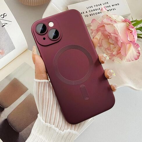 حافظة مغناطيسية لهاتف iPhone 13 للنساء/الرجال، تصميم لامع فاخر ناعم لامع مع واقي عدسة الكاميرا، متوافقة مع حافظة Magsafe لهاتف iPhone 13 6.1 بوصة - أحمر خمري in Kuwait