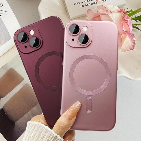 حافظة مغناطيسية لهاتف iPhone 13 للنساء/الرجال، تصميم لامع فاخر ناعم لامع مع واقي عدسة الكاميرا، متوافقة مع حافظة Magsafe لهاتف iPhone 13 6.1 بوصة - أحمر خمري in Kuwait
