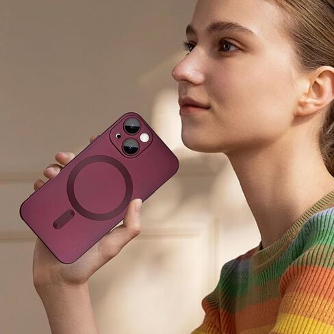 حافظة مغناطيسية لهاتف iPhone 13 للنساء/الرجال، تصميم لامع فاخر ناعم لامع مع واقي عدسة الكاميرا، متوافقة مع حافظة Magsafe لهاتف iPhone 13 6.1 بوصة - أحمر خمري in Kuwait