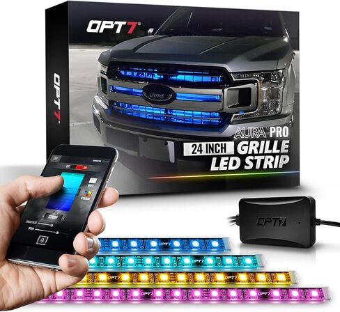 OPT7 Aura PRO Bluetooth 4pc LED Lighting Kit for Grille | 12" Multi-Color Strips w/SoundSync - Waterproof Peel'n'Stick Front Grill Valence - App Enabled- iOS & Android in Kuwait