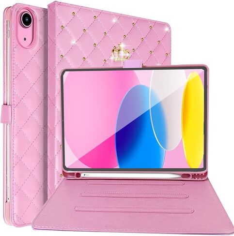 for iPad 10th Generation Case 10.9 Inch 2022 with Pencil Holder,Girly Cute Crown Bling Diamond Elegant PU Leather Smart Auto Sleep/Wake Stand Shockproof Protective Case for iPad 10th Gen,Pink in Saudi Arabia