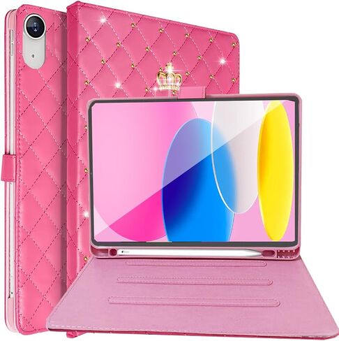 for iPad 10th Generation Case 10.9 Inch 2022 with Pencil Holder,Girly Cute Crown Bling Diamond Elegant PU Leather Smart Auto Sleep/Wake Stand Shockproof Protective Case for iPad 10th Gen,Pink in Saudi Arabia