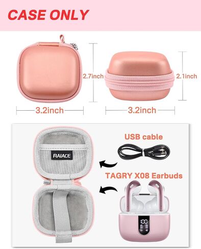 RAIACE Hard Travel Storage Case Compatible with TAGRY X08 Bluetooth Headphones Earbuds, Mesh Pocket for Cables and Accessories. - Rose Gold in Saudi Arabia