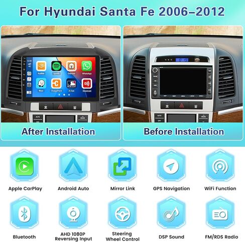 ستيريو سيارة أندرويد 4+64 جيجا بايت لسيارة Hyundai Santa Fe 2006-2012 مع Carplay Android Auto، Fuluku 8 Core 9 بوصة تعمل باللمس مجموعة راديو داش كيت GPS للملاحة WiFi Bluetooth 5.0 SWC Mic كاميرا احتياطية in Saudi Arabia