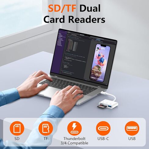 محول قارئ بطاقات USB C SD، USB من النوع C إلى قارئ بطاقات SD لهاتف iPhone 16/15 Pro Max/iPad/الكمبيوتر المحمول، 3 في 1 USB عالي السرعة إلى SD/Micro SD TF قارئ بطاقة ذاكرة USB C لأجهزة Mac/MacBook/Samsung/Android هاتف in Kuwait