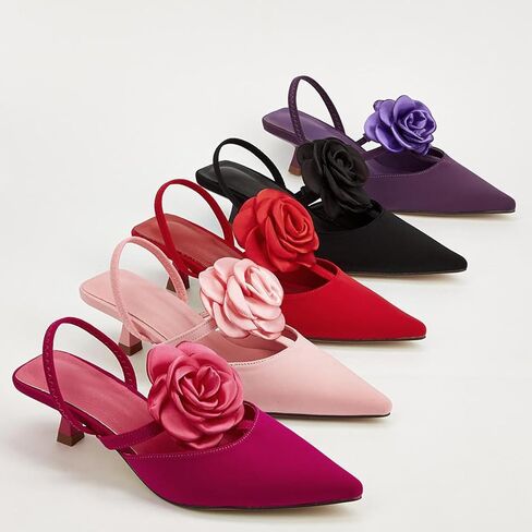 Women's Closed Pointed Toe 3D Flower Kitten Heel Mule Sandals Sexy One-Strap Non-Slip Slip-On Low Kitten Heeled Slingback Dress Prom Pumps for Wedding Party in Saudi Arabia