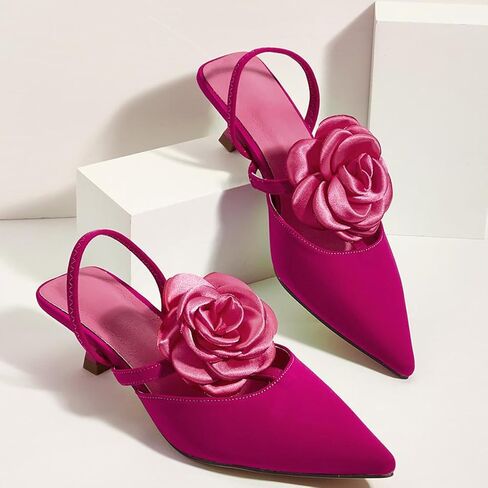 Women's Closed Pointed Toe 3D Flower Kitten Heel Mule Sandals Sexy One-Strap Non-Slip Slip-On Low Kitten Heeled Slingback Dress Prom Pumps for Wedding Party in Saudi Arabia