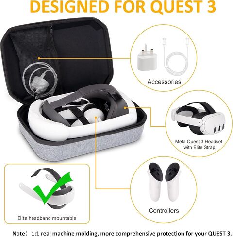 حقيبة حمل صلبة لجهاز Meta Quest 3، ملحق متوافق مع Meta Quest 3 مع عصابة رأس ELITE، وحدة تحكم تعمل باللمس وغيرها من الملحقات، تصميم أنيق للسفر، أسود in Saudi Arabia