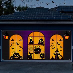 Preboun 7 x 16 ft Halloween Garage Door Decorations Large Double Garage Door Cover Ghost Bat Garage Door Banner Large Backdrop with Grommets for Halloween Yard Front Porch Wall Decorations(Monster)