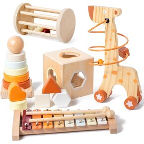Busy edition Montessori Toys for 3 Year Old，5-in-1 Set with Wooden Stacking Tower, Shape Sorting Cube, Xylophone with Mallets, Baby Roller and Interactive Giraffe，Perfect Sorting Toy for Toddlers 3+