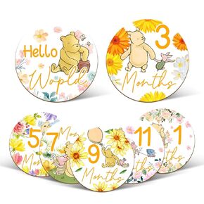 7 Pcs Winnie Baby Monthly Milestone Circles, Double Sided Baby Months Wooden Signs With Storage Bags, Baby Monthly Announcement Wooden Discs for Adorable, Milestone Pictures of Your Newborn Boy & Girl