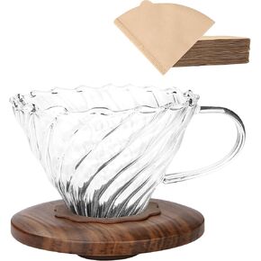 Pour Over Coffee Maker, 20 oz Borosilicate Glass Set with 100 pcs V60 Paper Filter, Coffee Dripper with Walnut Collar, Carafe with Glass Lid, 1-3 Cups, Clear, (600 ml)