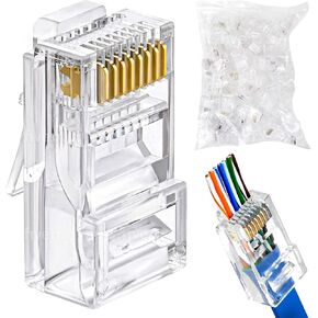 RJ45 Cat5e Pass Through Connectors, Gold Plated Ethernet Cable Crimp Connectors UTP Network Plug for Solid Wire and Standard Cable(100 Pack)