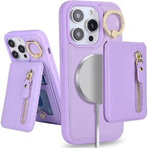 for iPhone 15 pro max case with Card Holder, for iPhone 15 pro max Phone Case Wallet for Women magsafe Compatible Wallet Detachable 2-in-1 for Men-Purple