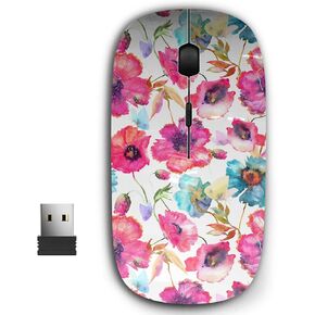 2.4G Ergonomic Portable USB Wireless Mouse for PC, Laptop, Computer, Notebook with Nano Receiver (Red Poppies Blue Flowers Butterflies)