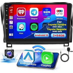 2+64G Android 13 CarPlay Car Stereo Radio for Toyota Tundra 2007-2013 for Toyota Sequoia 2008-2018, 10.1'' HD Touch Screen with Android Auto, AHD Backup Camera, Mirror Link, GPS, WiFi, FM RDS