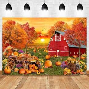 Avezano 7x5ft Fall Red Farm Backdrop Autumn Pumpkin Patch Background Fall Backdrop for Photography Fall Harvest Party Banner Decorations Photobooth