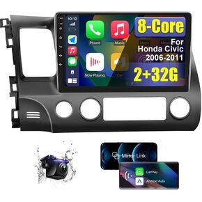 8 Core Android Car Radio Stereo for Honda Civic 2006 2007 2008 2009 2010 2011 with Wireless CarPlay/Android Auto, 10.1'' HD Touchscreen Car Radio with AM/FM/RDS Backup Camera Bluetooth WiFi GPS SWC