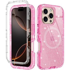 for iPhone 16 Pro Case Clear [Non Yellowing] [Compatible with MagSafe] Shockproof 3-Layer Full Body Protection Rugged Heavy Duty Cover Case for Apple iPhone 16 Pro 6.3",Clear Glitter