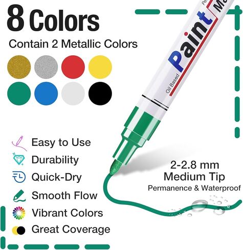 علامة بيضاء دائمة مقاومة للماء - 8 علامات طلاء بيضاء للأسطح المعدنية إطار ورق أسود من الخشب والبلاستيك والصخور، علامة بيضاء دائمة، علامات طلاء زيتية بيضاء متوسطة الطرف in Kuwait